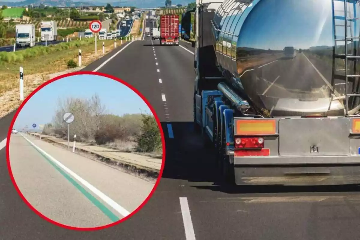 Imatge de fons de diversos camions circulant per una carretera i una altra imatge d'una carretera amb unes línies verdes pintades al costat de les blanques