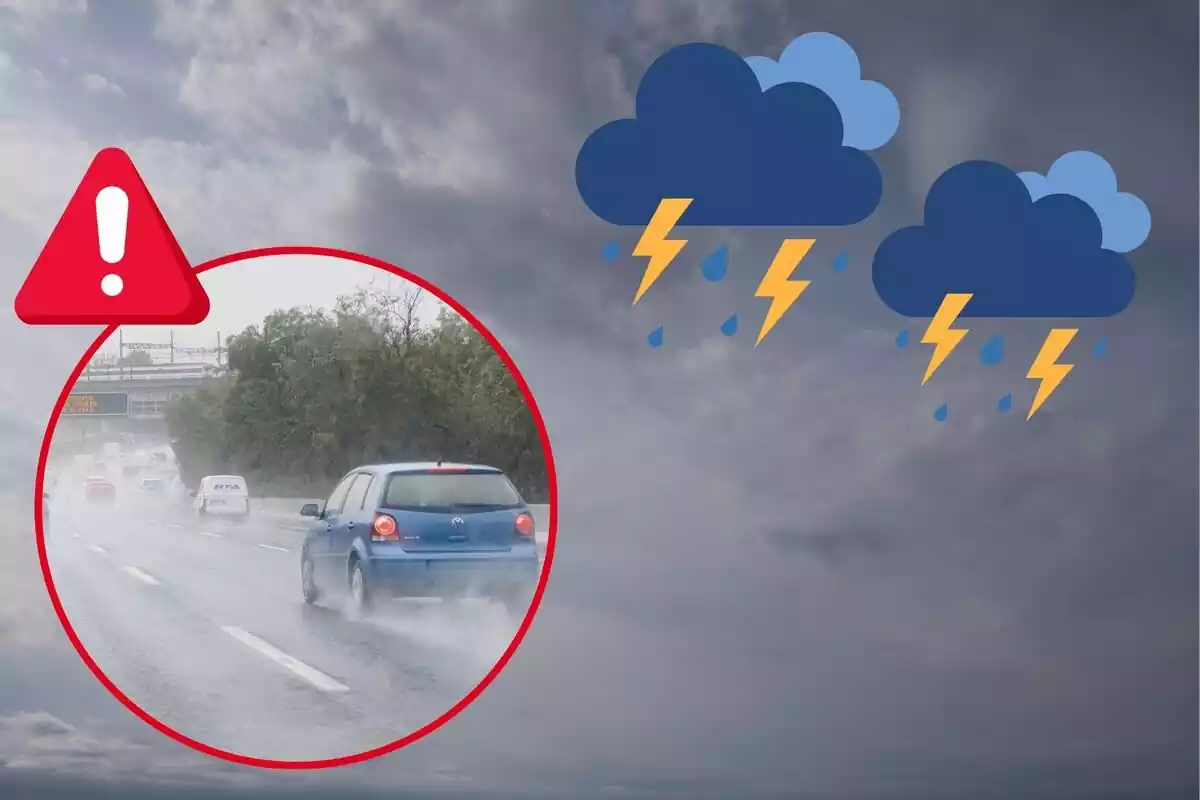 Imatge de fons d'un cel negre amb núvols, a més d'una altra imatge de diversos cotxes circulant per una carretera amb pluja, amb un símbol d'alerta a sobre i unes emoticones de tempesta de banda