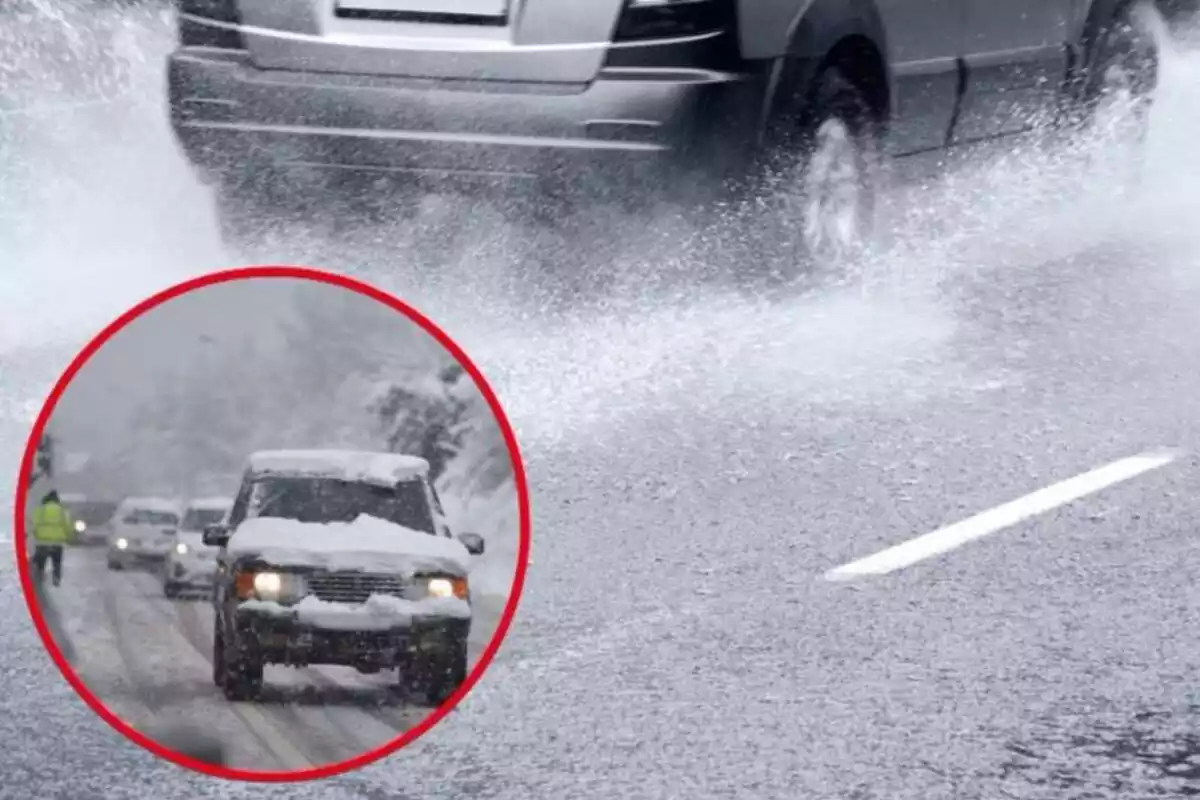 Imatge de fons d'un vehicle circulant per un toll d'aigua a una carretera i una altra imatge de diversos cotxes una carretera nevada