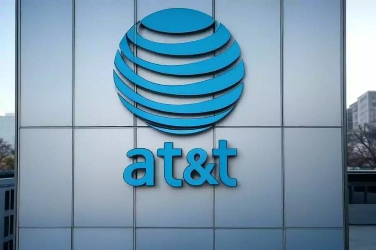 AT&T logo on a building with a background of sky and trees. AT&T logo on a building with a background of sky and trees.