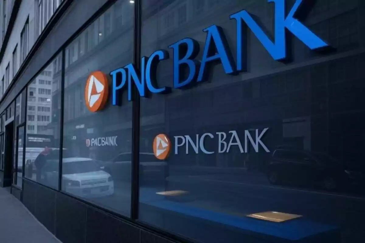Fachada de una sucursal de PNC Bank con reflejos en el vidrio. Fachada de una sucursal de PNC Bank con reflejos en el vidrio.