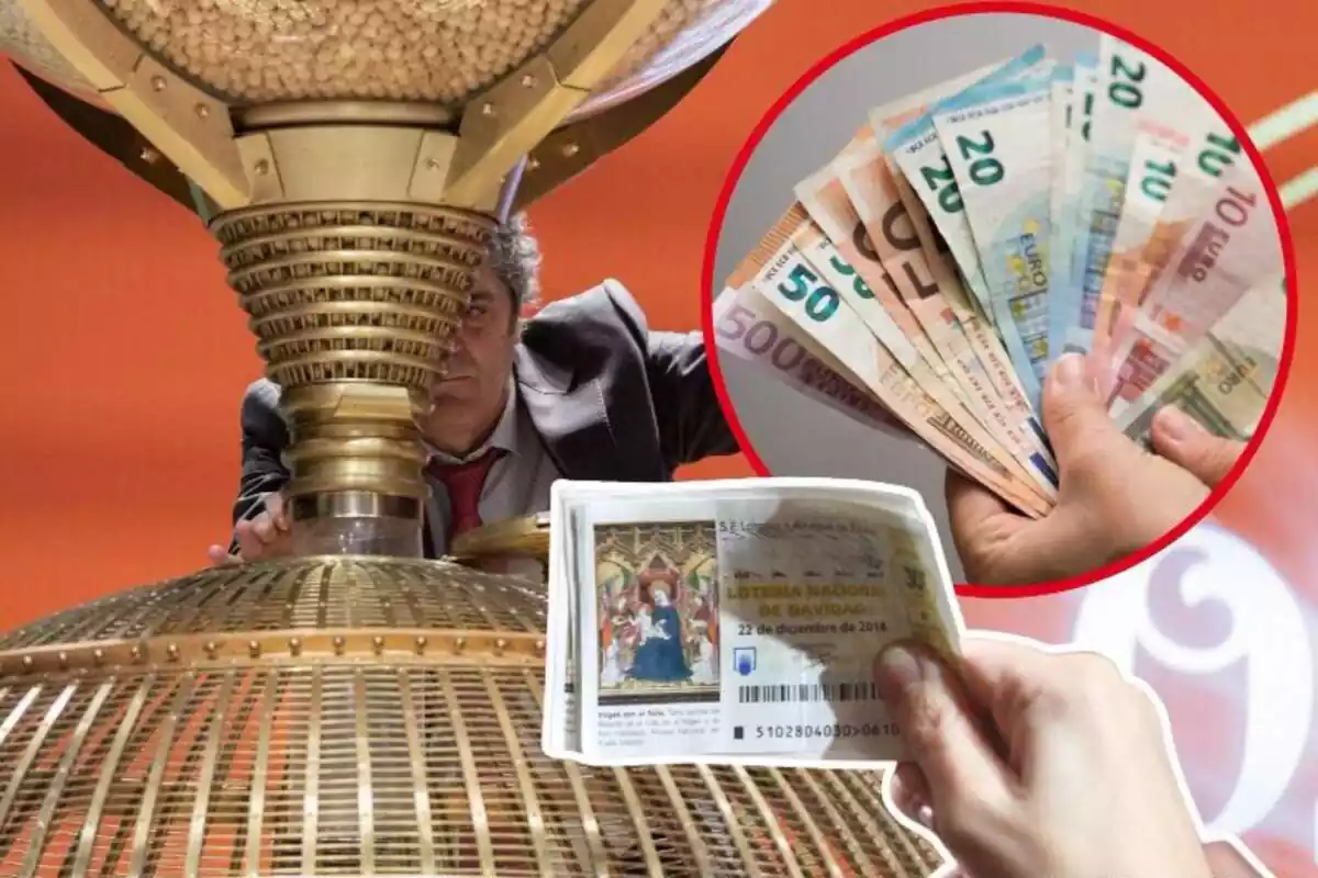 Imatge de fons d'un bombo de la Loteria de Nadal, juntament amb dues fotos més, una d'un dècim i una altra de diversos bitllets d'euro