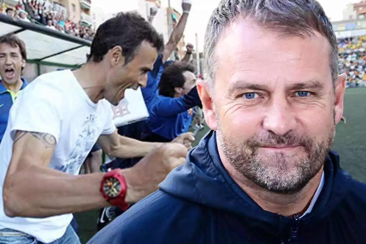 Hansi Flick en primer plano junto a una foto de Luis Enrique durante su etapa como entrenador del Barça B Hansi Flick en primer plano junto a una foto de Luis Enrique durante su etapa como entrenador del Barça B