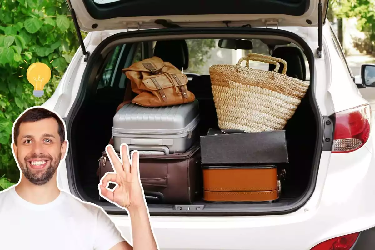 Imatge de fons d'un cotxe amb el maleter ple de maletes i un altre equipatge, a més d'una persona en primer pla amb gest d'aprovació i una emoticona d'una bombeta il·luminada al cap