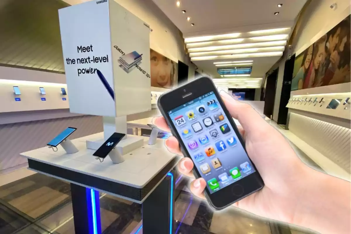 Una mà sostenint un telèfon intel·ligent en una botiga de tecnologia amb diversos dispositius en exhibició.