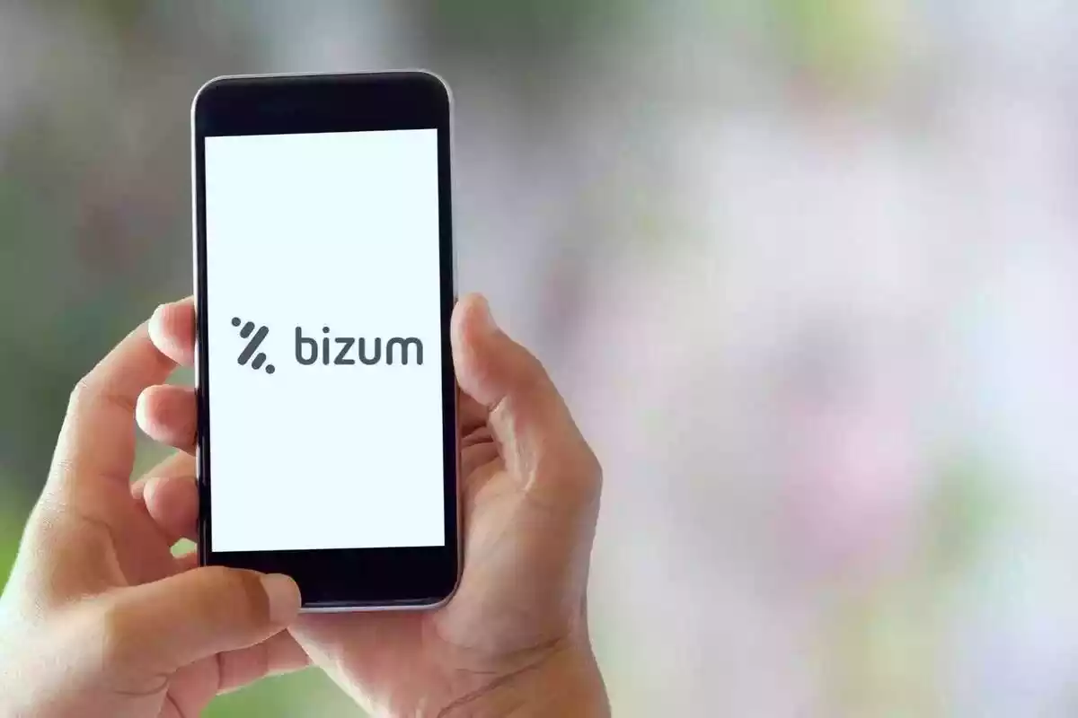 Unes mans subjectant un telèfon mòbil que té l'aplicació de Bizum oberta