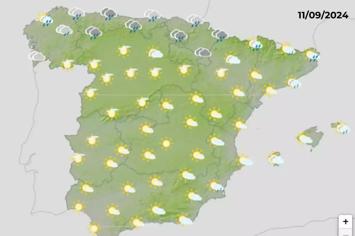 Mapa del pronòstic del temps per a Espanya l'11 de setembre de 2024, mostrant pluges al nord i temps majoritàriament assolellat a la resta del país.