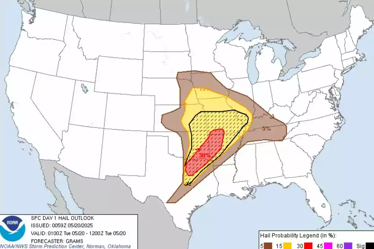 SPC hail forecast map for May 20, 2025, showing different hail probabilities in various regions of the United States, with highlighted areas in colors indicating the percentage of risk. SPC hail forecast map for May 20, 2025, showing different hail probabilities in various regions of the United States, with highlighted areas in colors indicating the percentage of risk.