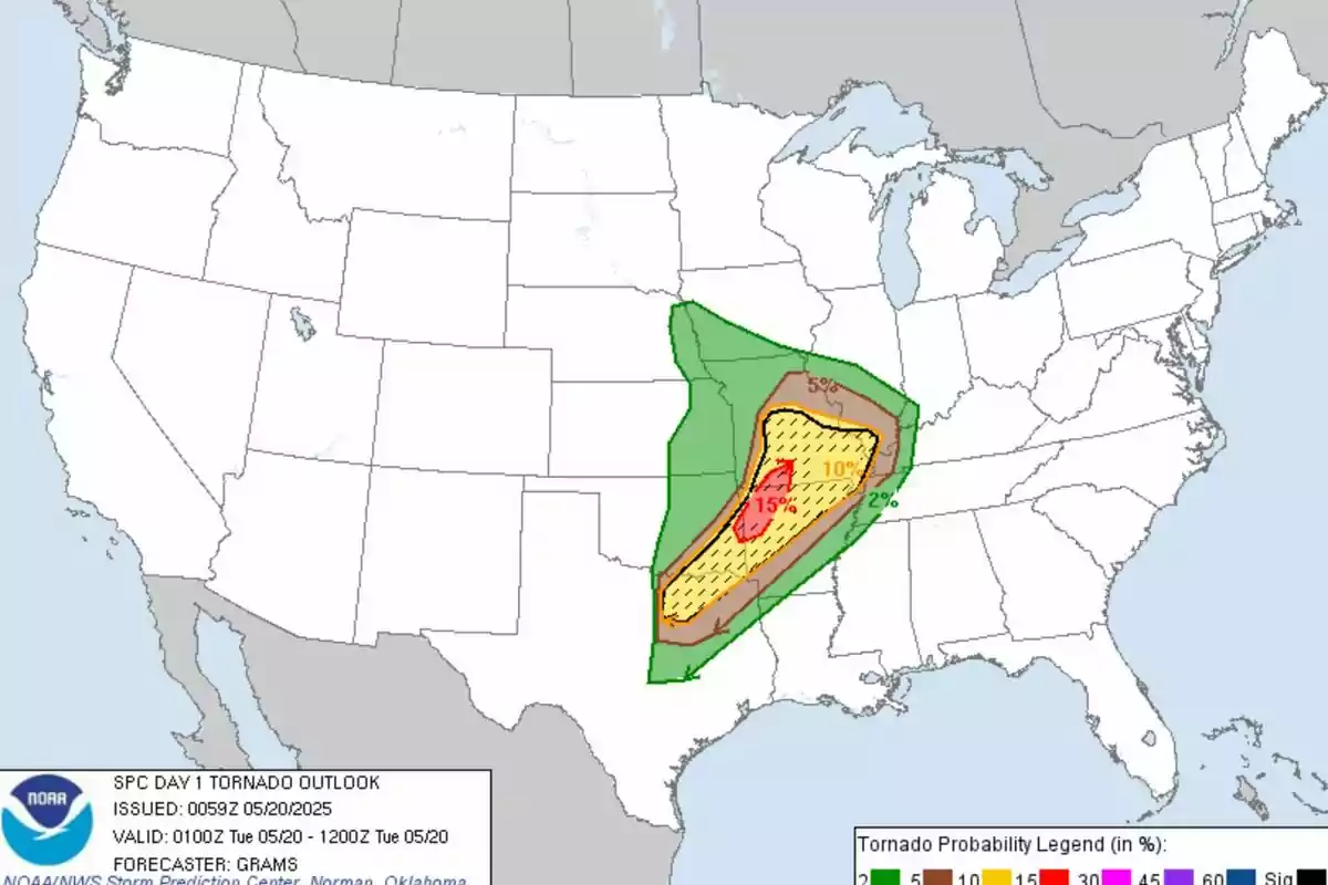 SPC tornado forecast map for May 20, 2025, showing tornado probability areas in the central United States, with highlighted zones in red, yellow, and green indicating different levels of risk. SPC tornado forecast map for May 20, 2025, showing tornado probability areas in the central United States, with highlighted zones in red, yellow, and green indicating different levels of risk.