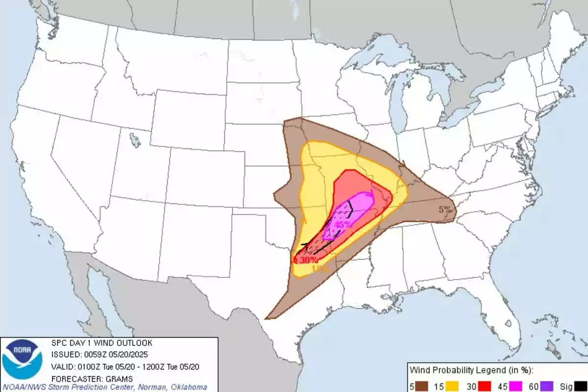 Map of the United States showing wind probability in different regions, with shaded areas in colors indicating risk percentages from 5% to 60%, issued by the NOAA Storm Prediction Center for May 20, 2025. Map of the United States showing wind probability in different regions, with shaded areas in colors indicating risk percentages from 5% to 60%, issued by the NOAA Storm Prediction Center for May 20, 2025.