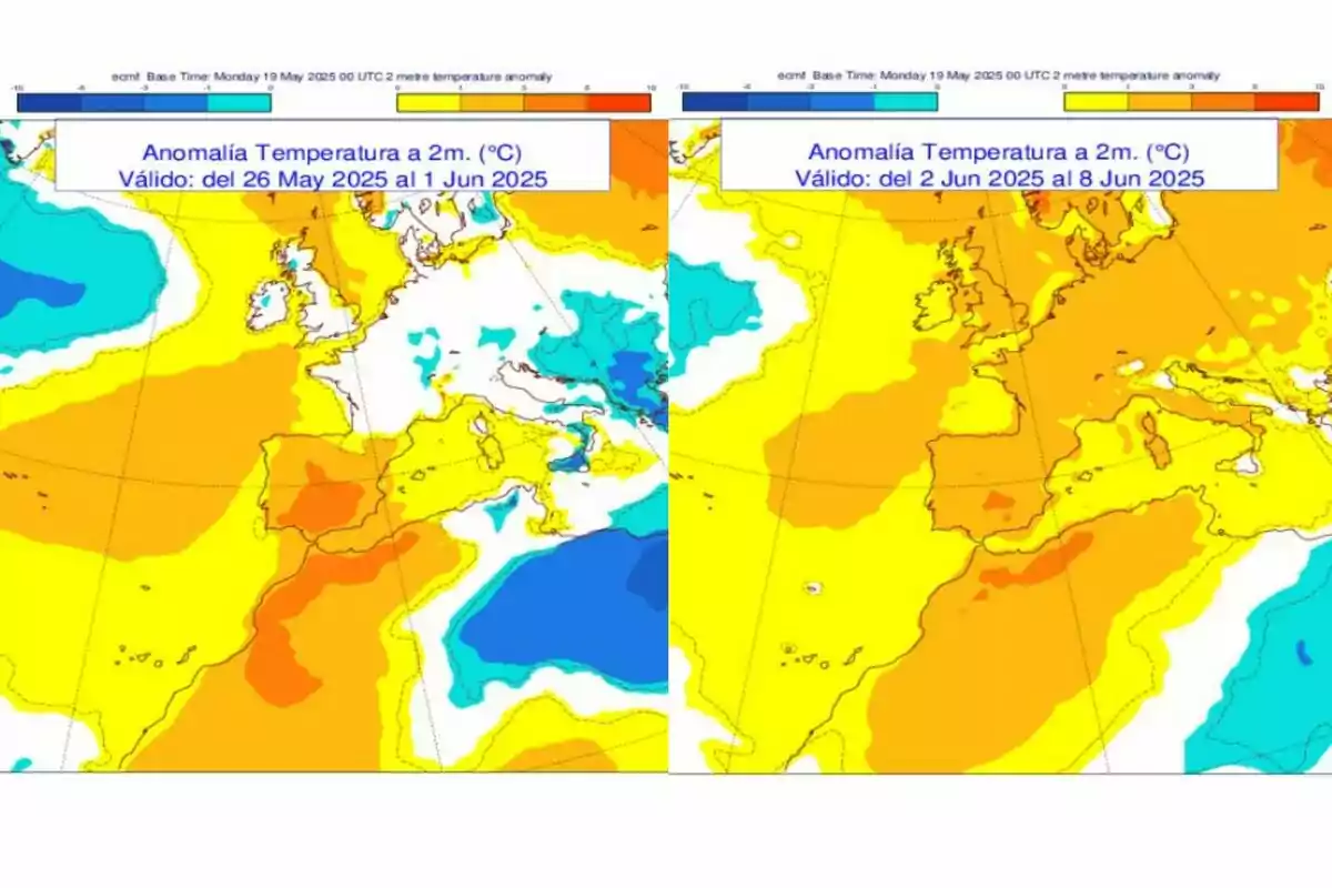 Mapa d'anomalies de temperatura a 2 metres a Europa, mostrant variacions de temperatura en colors que van del blau al vermell, amb dos períodes de temps diferents indicats a la part superior. Mapa d'anomalies de temperatura a 2 metres a Europa, mostrant variacions de temperatura en colors que van del blau al vermell, amb dos períodes de temps diferents indicats a la part superior.