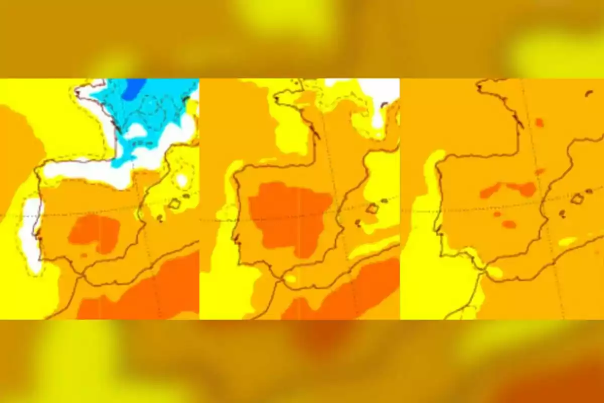 Tres mapes d’Europa occidental i la península Ibèrica amb diferents colors que representen variacions de temperatura o clima Tres mapes d’Europa occidental i la península Ibèrica amb diferents colors que representen variacions de temperatura o clima