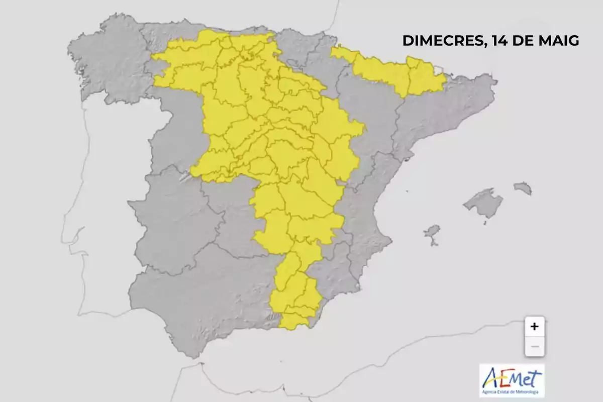 Mapa d'Espanya amb diverses províncies ressaltades en groc indicant una alerta meteorològica per al dimecres 14 de maig segons l'Agència Estatal de Meteorologia (i amb el text en català). Mapa d'Espanya amb diverses províncies ressaltades en groc indicant una alerta meteorològica per al dimecres 14 de maig segons l'Agència Estatal de Meteorologia (i amb el text en català).
