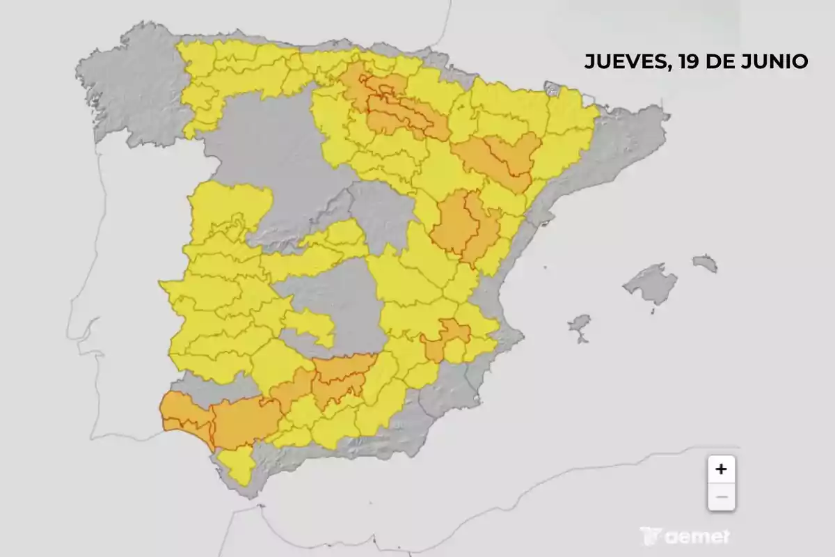 Mapa d’Espanya amb diverses províncies en alerta groga i taronja per condicions meteorològiques adverses per al dijous, 19 de juny. Mapa d’Espanya amb diverses províncies en alerta groga i taronja per condicions meteorològiques adverses per al dijous, 19 de juny.