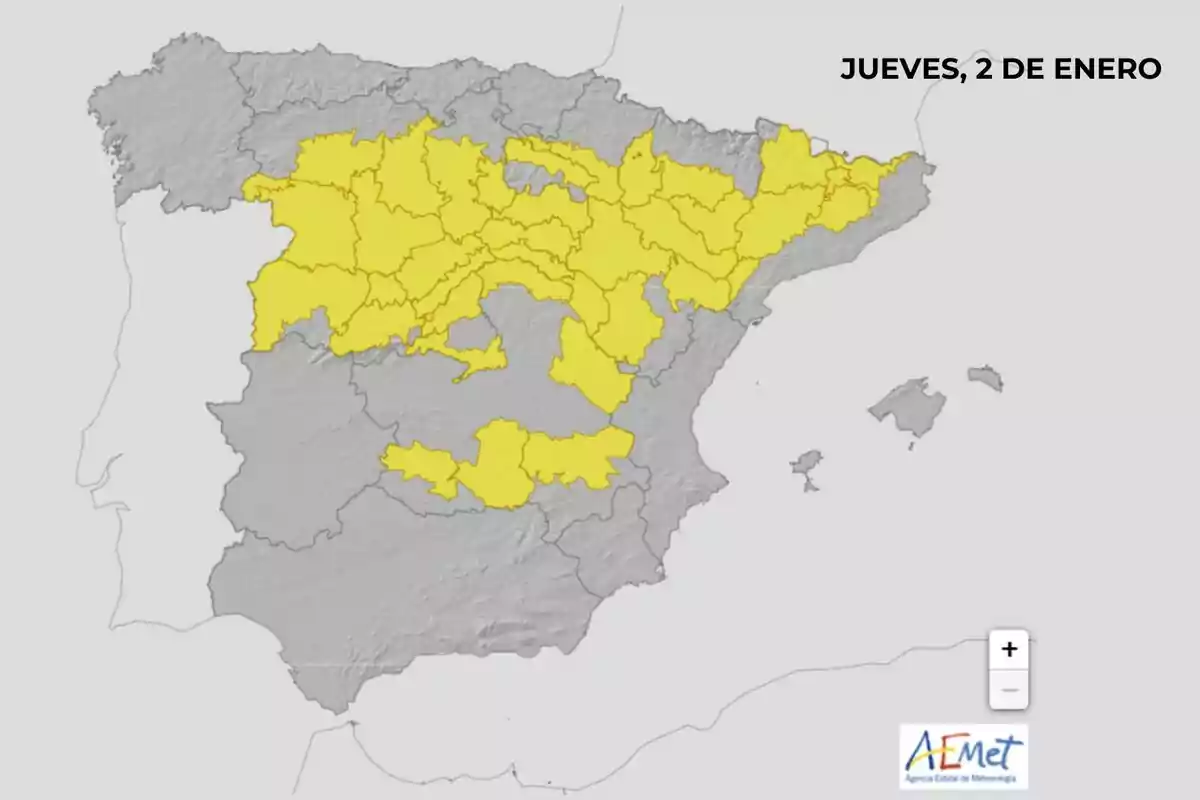 Mapa d´Espanya amb àrees en alerta groga per condicions meteorològiques adverses el dijous 2 de gener segons AEMET. Mapa d´Espanya amb àrees en alerta groga per condicions meteorològiques adverses el dijous 2 de gener segons AEMET.
