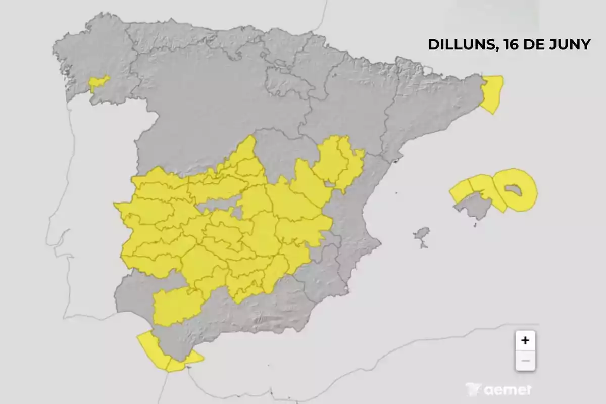 Mapa d’Espanya amb diverses províncies i zones costaneres ressaltades en groc indicant una alerta meteorològica per dilluns, 16 de juny (amb el text en català). Mapa d’Espanya amb diverses províncies i zones costaneres ressaltades en groc indicant una alerta meteorològica per dilluns, 16 de juny (amb el text en català).
