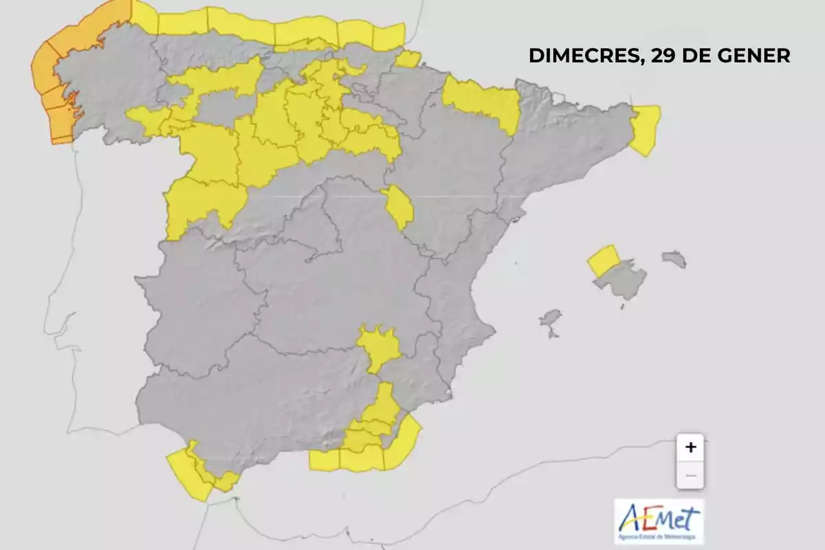 Mapa d'Espanya amb alertes meteorològiques en groc i taronja per al dimecres 29 de gener, mostrant àrees afectades al nord, nord-oest i algunes zones del sud i est del país, amb el logotip d'AEMET a la cantonada inferior dreta i amb el text en català. Mapa d'Espanya amb alertes meteorològiques en groc i taronja per al dimecres 29 de gener, mostrant àrees afectades al nord, nord-oest i algunes zones del sud i est del país, amb el logotip d'AEMET a la cantonada inferior dreta i amb el text en català.