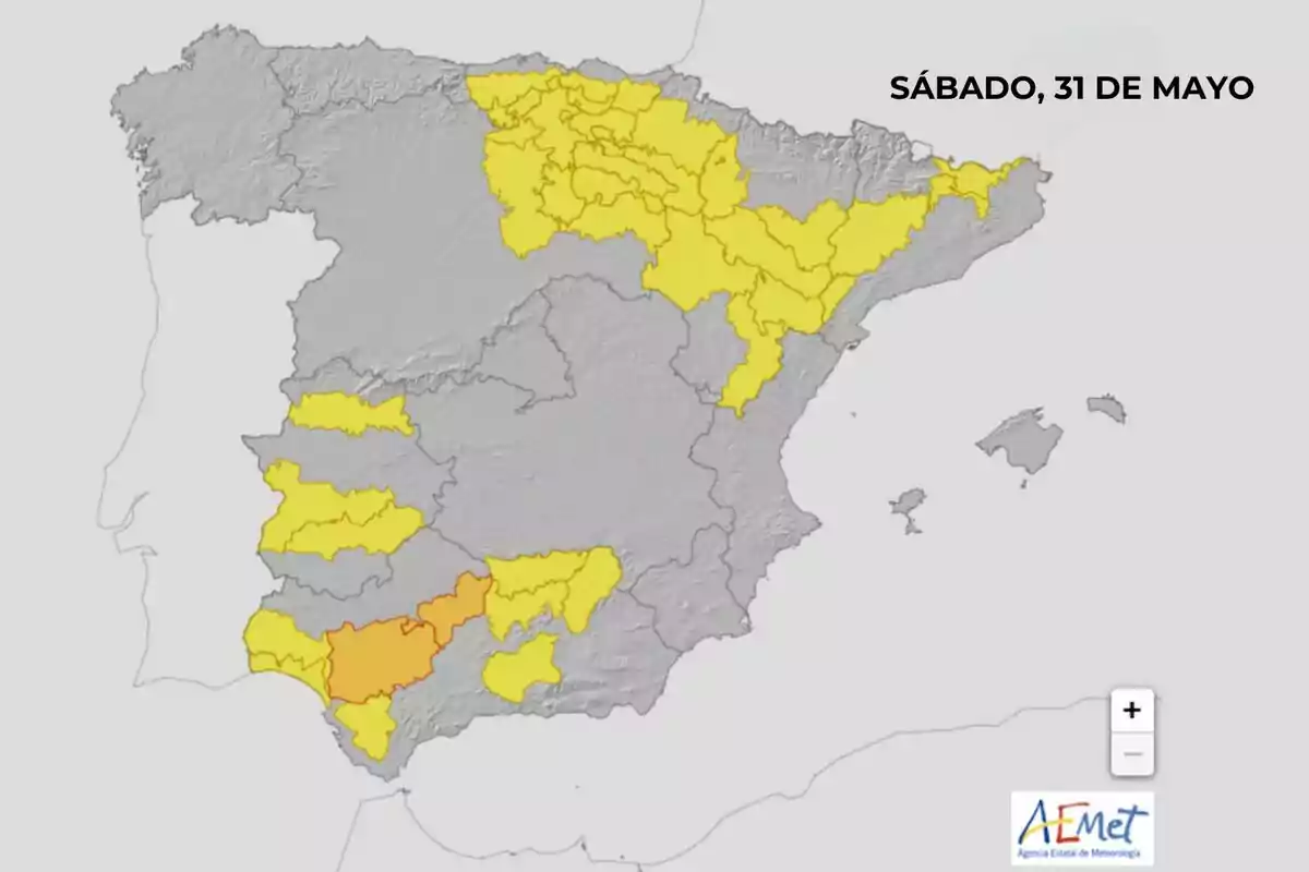 Mapa d’Espanya amb diverses regions en groc i algunes en taronja indicant alertes meteorològiques per al dissabte, 31 de maig, segons l’AEMET. Mapa d’Espanya amb diverses regions en groc i algunes en taronja indicant alertes meteorològiques per al dissabte, 31 de maig, segons l’AEMET.