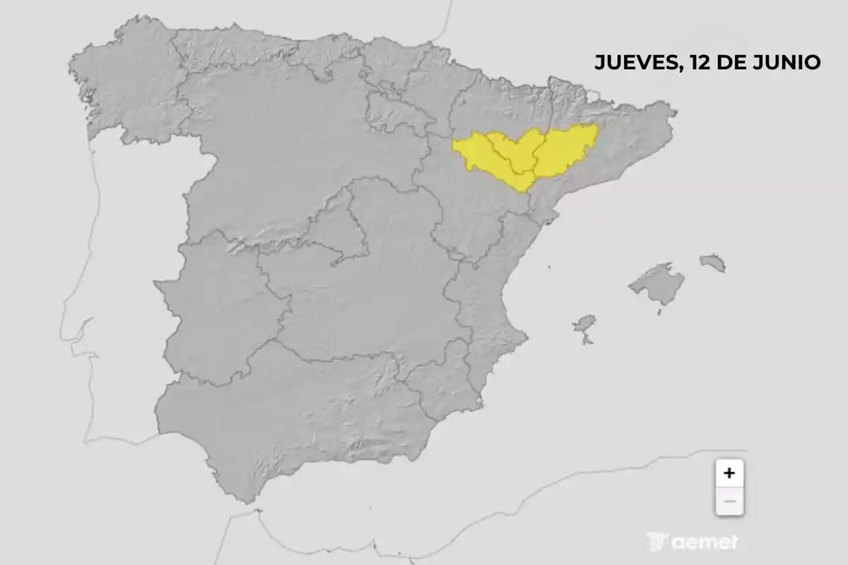 Mapa d’Espanya amb una zona del nord-est ressaltada en groc i la data dijous 12 de juny a la cantonada superior dreta.