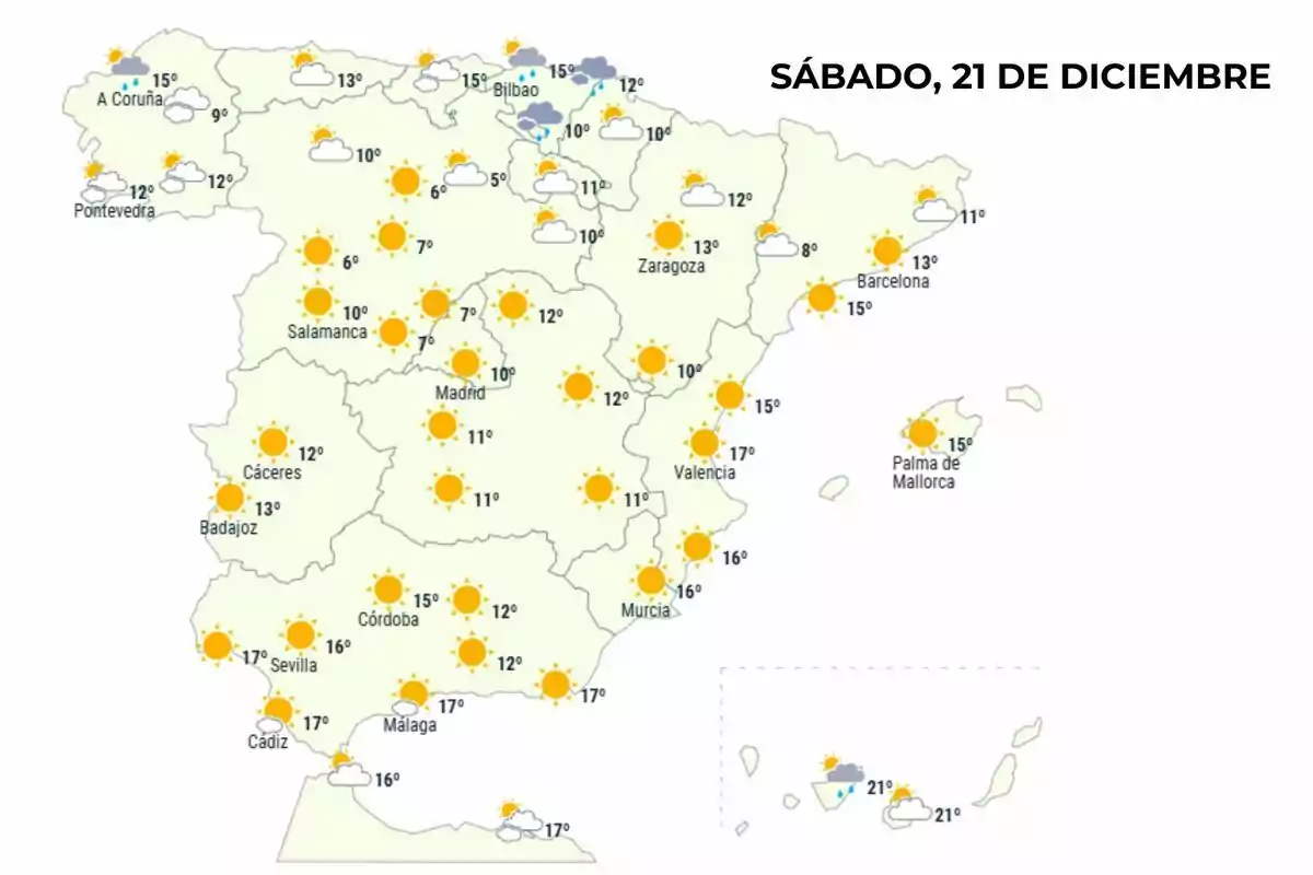 Mapa del temps a Espanya per al dissabte, 21 de desembre de 2024, mostrant temperatures i condicions climàtiques a diferents ciutats. Mapa del temps a Espanya per al dissabte, 21 de desembre de 2024, mostrant temperatures i condicions climàtiques a diferents ciutats.