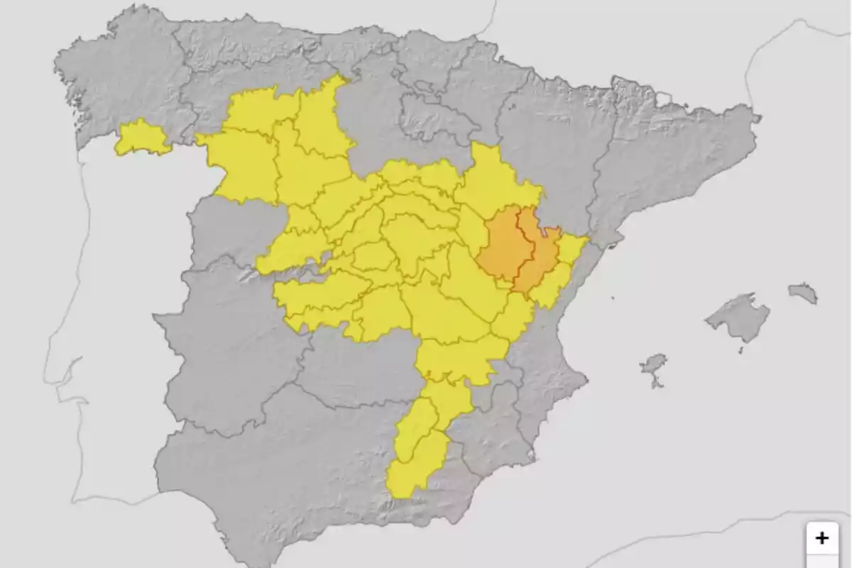 Mapa d’Espanya amb diverses províncies del centre i nord-est ressaltades en groc i una zona al nord-est en taronja Mapa d’Espanya amb diverses províncies del centre i nord-est ressaltades en groc i una zona al nord-est en taronja
