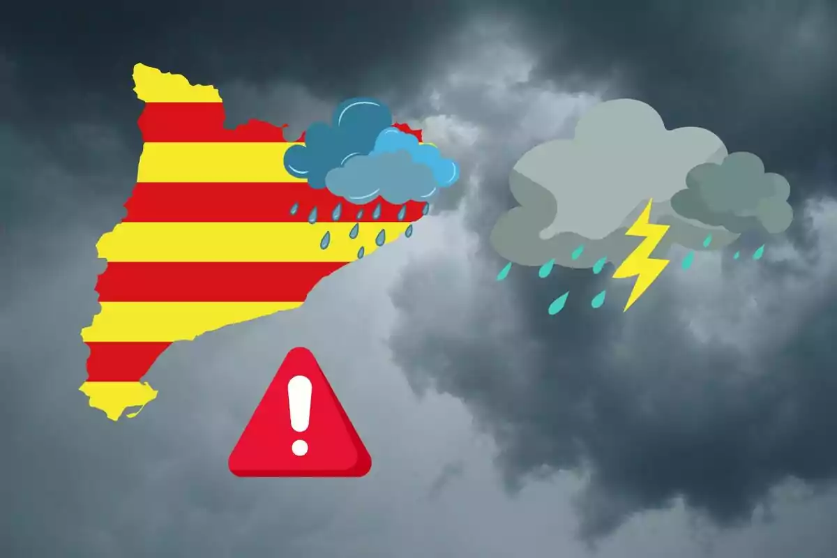 Mapa de Cataluña con símbolos de lluvia, tormenta y una señal de advertencia sobre un fondo de nubes oscuras. Mapa de Cataluña con símbolos de lluvia, tormenta y una señal de advertencia sobre un fondo de nubes oscuras.