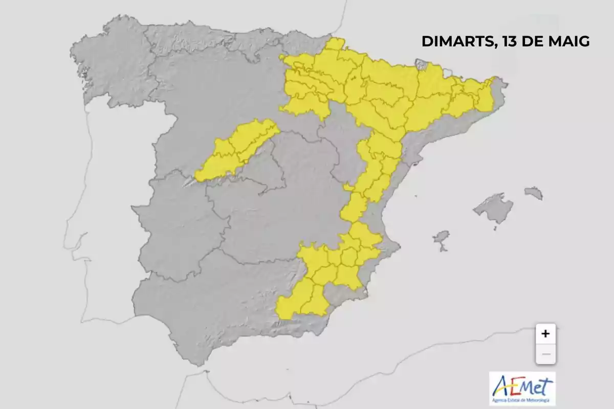 Mapa d'Espanya amb àrees en alerta groga per condicions meteorològiques adverses el dimarts 13 de maig segons l'Agència Estatal de Meteorologia. Mapa d'Espanya amb àrees en alerta groga per condicions meteorològiques adverses el dimarts 13 de maig segons l'Agència Estatal de Meteorologia.