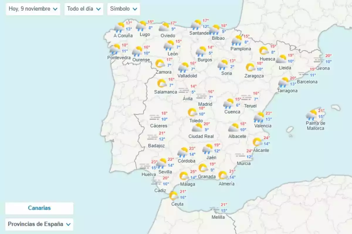 Mapa del temps a Espanya amb icones de sol, núvols i pluja i temperatures màximes i mínimes per al 9 de novembre del 2024.