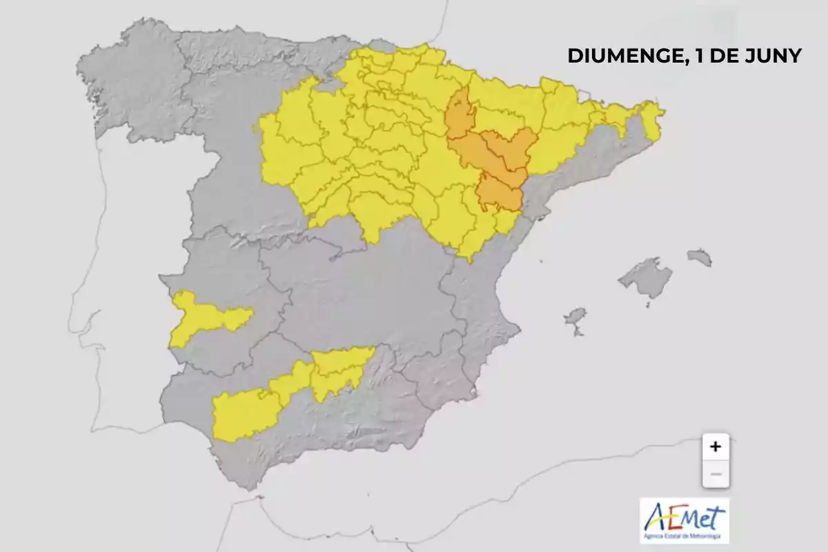 Mapa d’Espanya amb diverses províncies en alerta groga i taronja per condicions meteorològiques adverses per al diumenge 1 de juny segons l’AEMET, amb el text en català. Mapa d’Espanya amb diverses províncies en alerta groga i taronja per condicions meteorològiques adverses per al diumenge 1 de juny segons l’AEMET, amb el text en català.