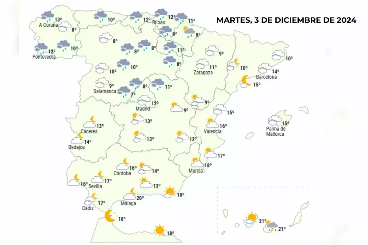 Mapa del temps per a Espanya el dimarts 3 de desembre de 2024 mostrant temperatures i condicions climàtiques com núvols i pluja al nord i sol al sud.