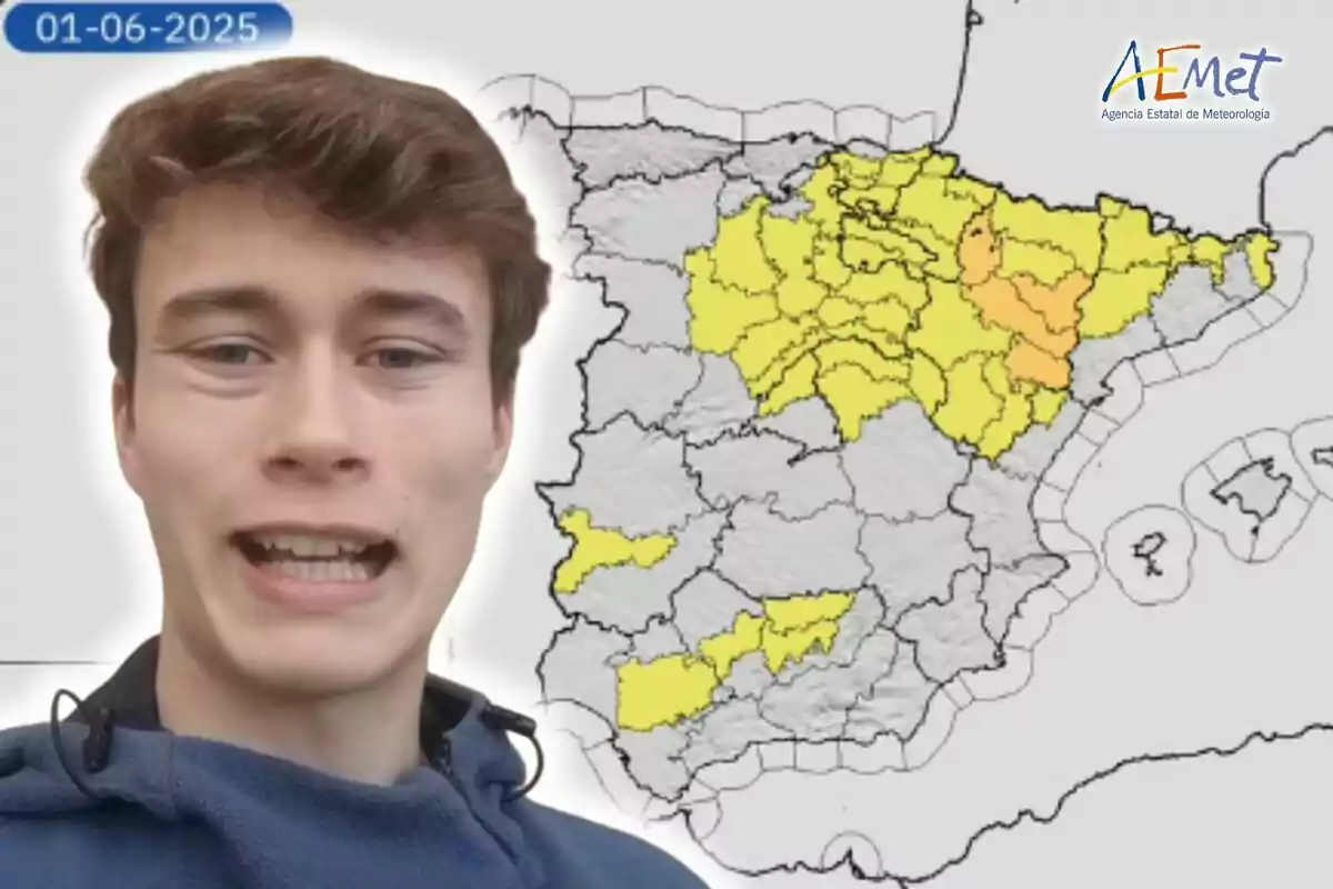Jove parlant davant d’un mapa d’Espanya amb diverses zones ressaltades en groc i taronja, data 01-06-2025 i logotip d’AEMET a la cantonada superior dreta Jove parlant davant d’un mapa d’Espanya amb diverses zones ressaltades en groc i taronja, data 01-06-2025 i logotip d’AEMET a la cantonada superior dreta