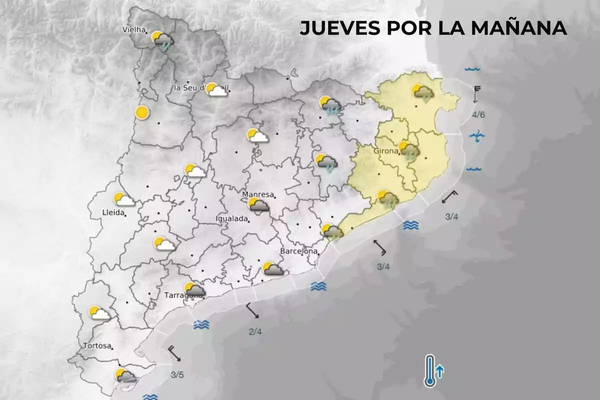 Mapa del tiempo para el jueves por la mañana en Cataluña mostrando nubes, sol y lluvia en diferentes regiones. Mapa del tiempo para el jueves por la mañana en Cataluña mostrando nubes, sol y lluvia en diferentes regiones.
