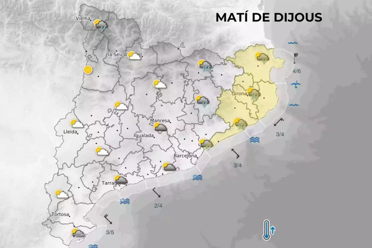 Mapa del temps per al matí de dijous a Catalunya mostrant diferents condicions climàtiques com sol, núvols i pluja en diverses regions. Mapa del temps per al matí de dijous a Catalunya mostrant diferents condicions climàtiques com sol, núvols i pluja en diverses regions.