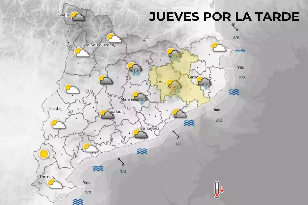 Mapa del tiempo para el jueves por la tarde en Cataluña mostrando nubes, sol y lluvias en diferentes áreas, con símbolos de viento y temperatura. Mapa del tiempo para el jueves por la tarde en Cataluña mostrando nubes, sol y lluvias en diferentes áreas, con símbolos de viento y temperatura.