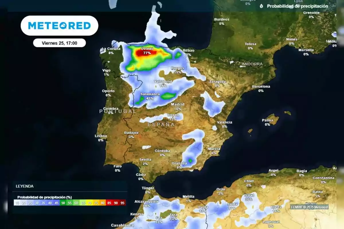 Mapa meteorològic de la península ibèrica mostrant la probabilitat de precipitació per al divendres 25 d'abril de 2025 a les 17:00 hores, amb àrees de major probabilitat al nord d'Espanya, especialment a Oviedo amb un 77%, i altres zones com Salamanca amb un 41% i Valladolid amb un 18%, mentre que la majoria de les regions del sud i est tenen una probabilitat de precipitació del 0%. Mapa meteorològic de la península ibèrica mostrant la probabilitat de precipitació per al divendres 25 d'abril de 2025 a les 17:00 hores, amb àrees de major probabilitat al nord d'Espanya, especialment a Oviedo amb un 77%, i altres zones com Salamanca amb un 41% i Valladolid amb un 18%, mentre que la majoria de les regions del sud i est tenen una probabilitat de precipitació del 0%.