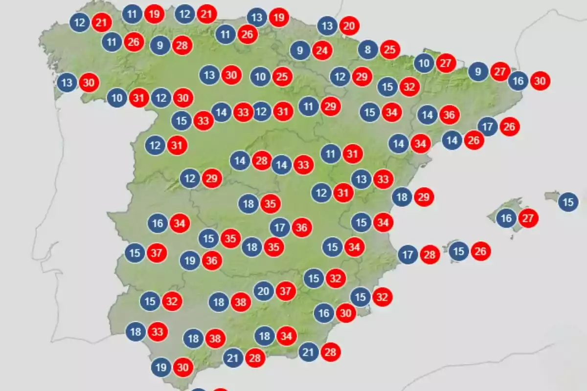 Mapa d'Espanya i Portugal amb números en cercles vermells i blaus distribuïts pel territori. Mapa d'Espanya i Portugal amb números en cercles vermells i blaus distribuïts pel territori.