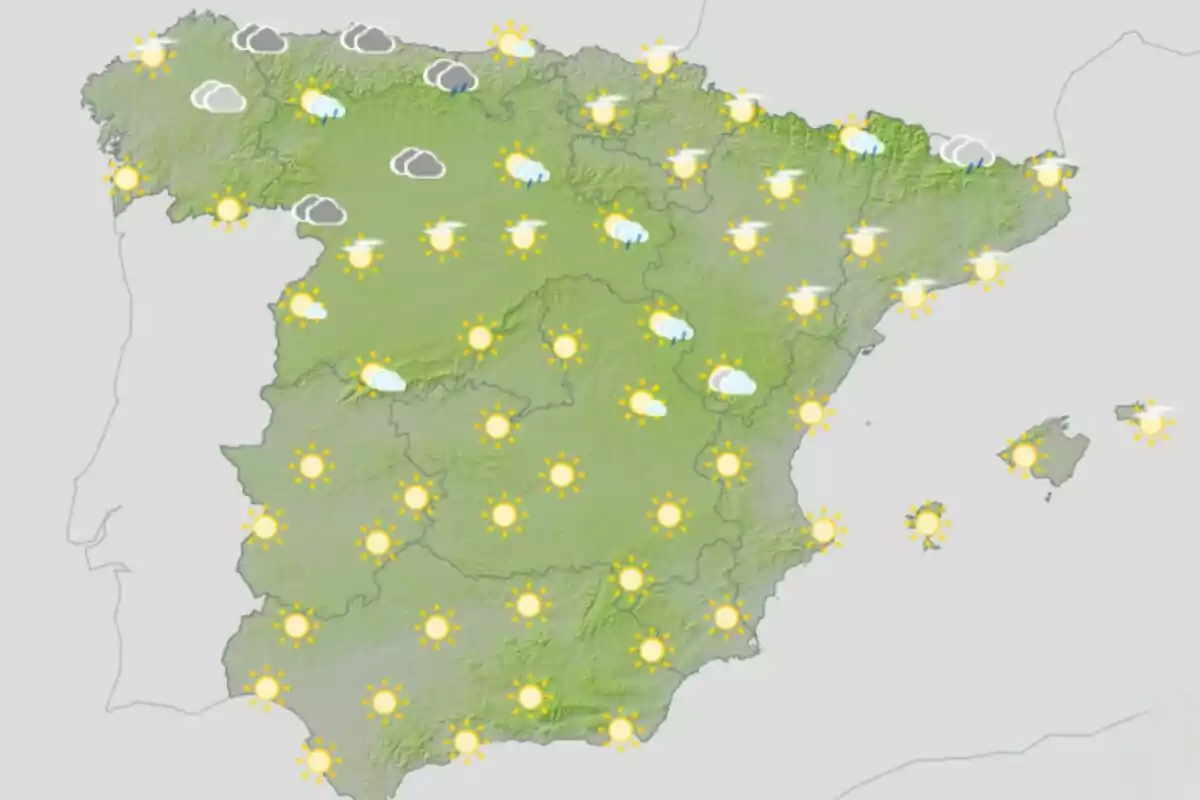 Mapa meteorològic d'Espanya mostrant condicions majoritàriament assolellades amb alguns núvols i pluges lleugeres al nord. Mapa meteorològic d'Espanya mostrant condicions majoritàriament assolellades amb alguns núvols i pluges lleugeres al nord.