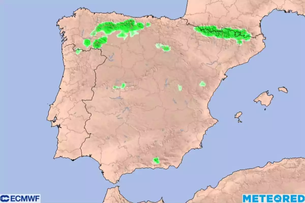 Mapa meteorològic de la península Ibèrica amb àrees verdes que indiquen precipitacions al nord d'Espanya. Mapa meteorològic de la península Ibèrica amb àrees verdes que indiquen precipitacions al nord d'Espanya.