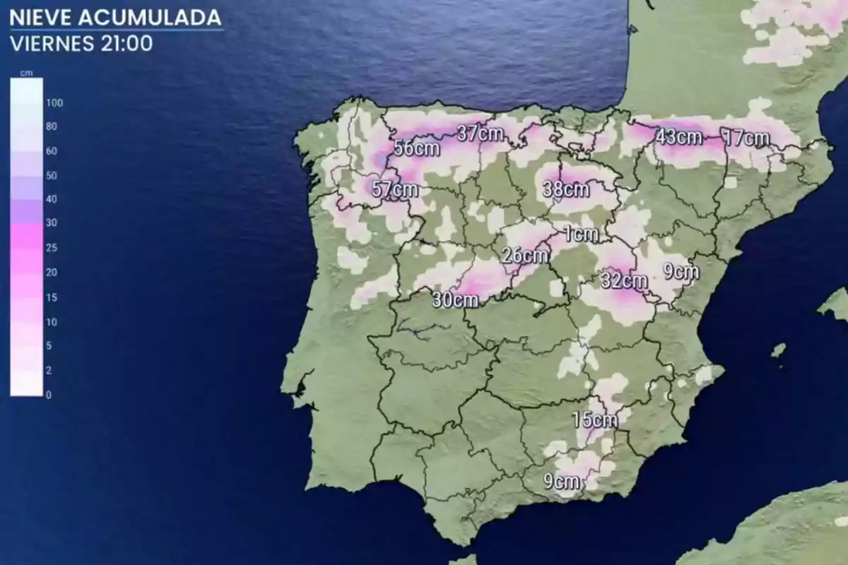 Mapa d'Espanya i Portugal mostrant l'acumulació de neu en centímetres per al divendres 31 de gener a les 21:00 hores amb una escala de colors indicant diferents nivells de neu. Mapa d'Espanya i Portugal mostrant l'acumulació de neu en centímetres per al divendres 31 de gener a les 21:00 hores amb una escala de colors indicant diferents nivells de neu.