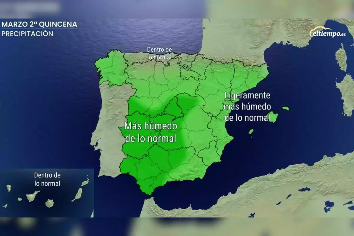 Mapa d'Espanya que mostra la precipitació en la segona quinzena de març, amb àrees en verd indicant zones més humides del normal i altres dins de la normalitat. Mapa d'Espanya que mostra la precipitació en la segona quinzena de març, amb àrees en verd indicant zones més humides del normal i altres dins de la normalitat.