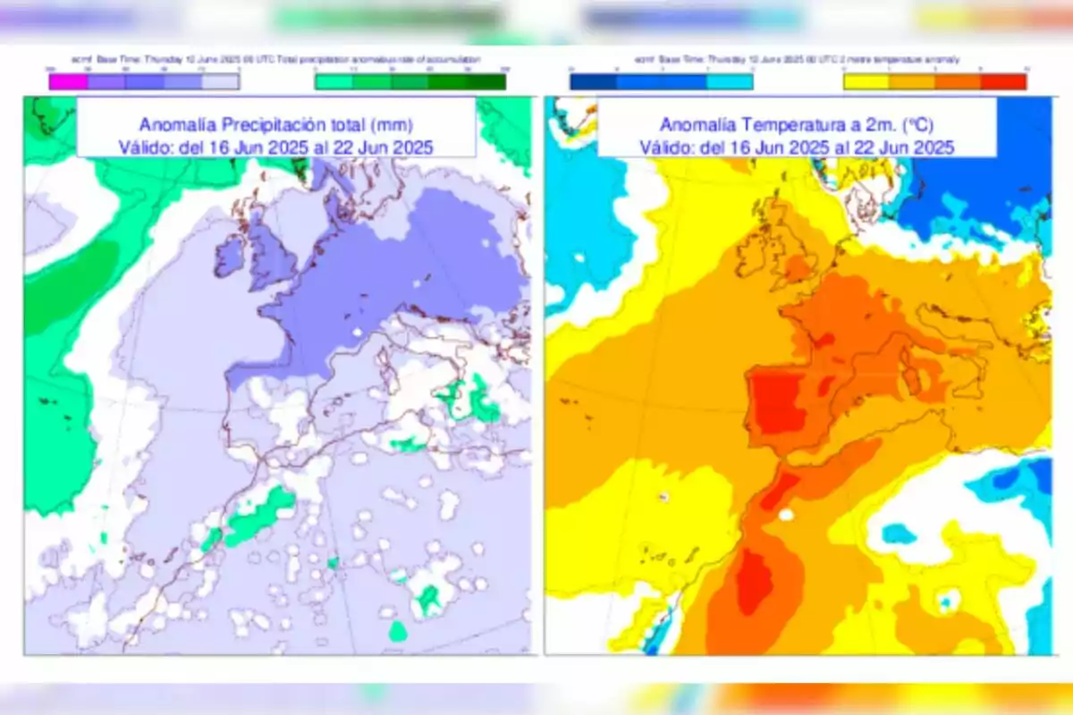 Mapa comparatiu d’Europa que mostra anomalies de precipitació en tons verds i morats a l’esquerra i anomalies de temperatura en tons grocs, taronges i vermells a la dreta per a la setmana del 16 al 22 de juny de 2025 Mapa comparatiu d’Europa que mostra anomalies de precipitació en tons verds i morats a l’esquerra i anomalies de temperatura en tons grocs, taronges i vermells a la dreta per a la setmana del 16 al 22 de juny de 2025