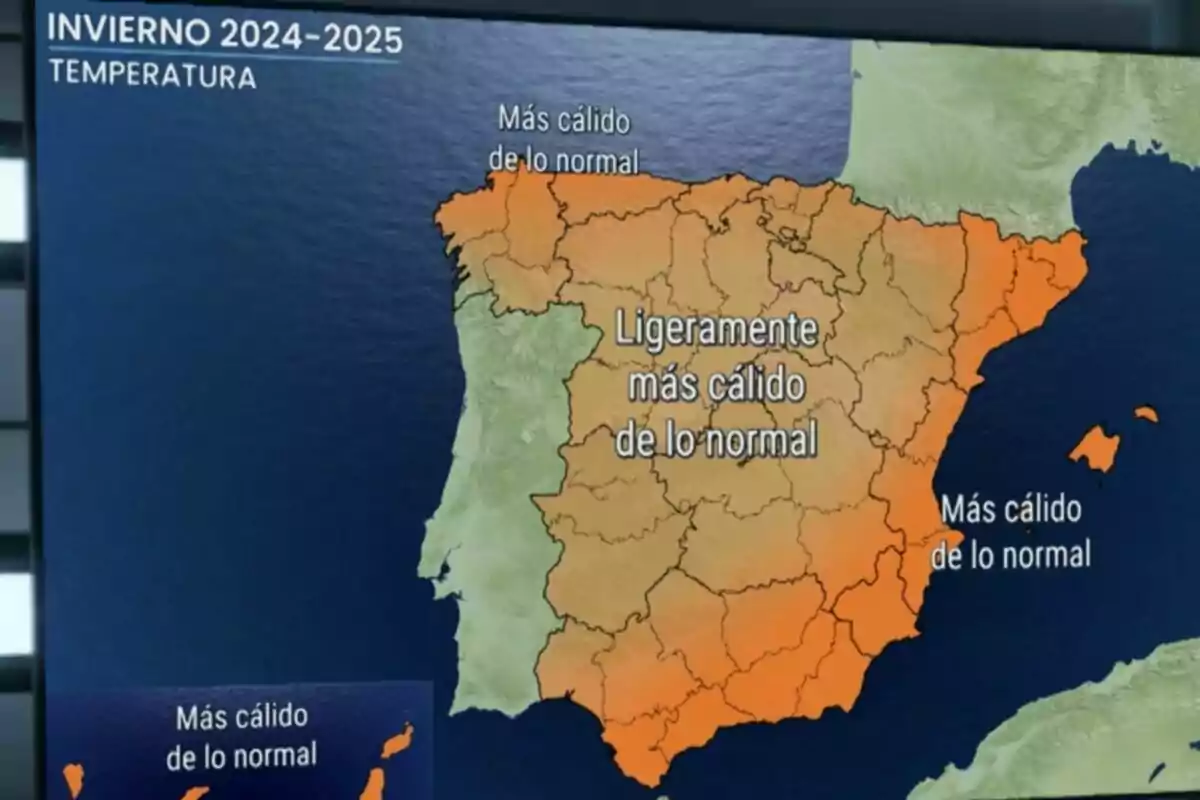 Mapa d'Espanya per a l'hivern 2024-2025 mostra temperatures més càlides del normal a la majoria del país.