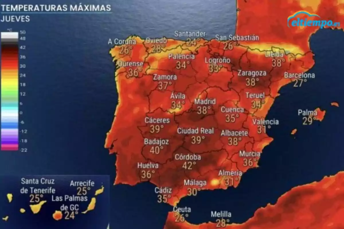 Mapa d’Espanya amb temperatures màximes elevades a la majoria de ciutats, destacant Còrdova amb 42 graus i Badajoz amb 40 graus, mentre que les Illes Canàries presenten valors més baixos; aquestes dades corresponen al dijous, 19 de juny de 2025. Mapa d’Espanya amb temperatures màximes elevades a la majoria de ciutats, destacant Còrdova amb 42 graus i Badajoz amb 40 graus, mentre que les Illes Canàries presenten valors més baixos; aquestes dades corresponen al dijous, 19 de juny de 2025.