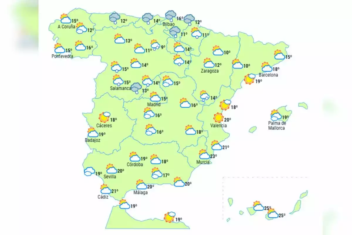 Mapa del temps a Espanya amb temperatures i símbols meteorològics a diferents ciutats que pertany a la previsió del 2 de desembre de 2024.