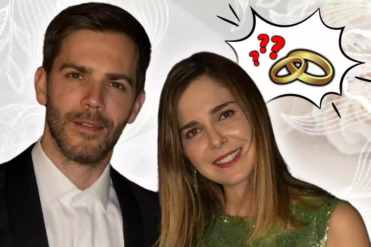 Una parella somrient, formada per Marc Clotet vestit de vestit i Natalia Sánchez amb un vestit verd, apareix amb un dibuix d'anells de casament i signes d'interrogació.