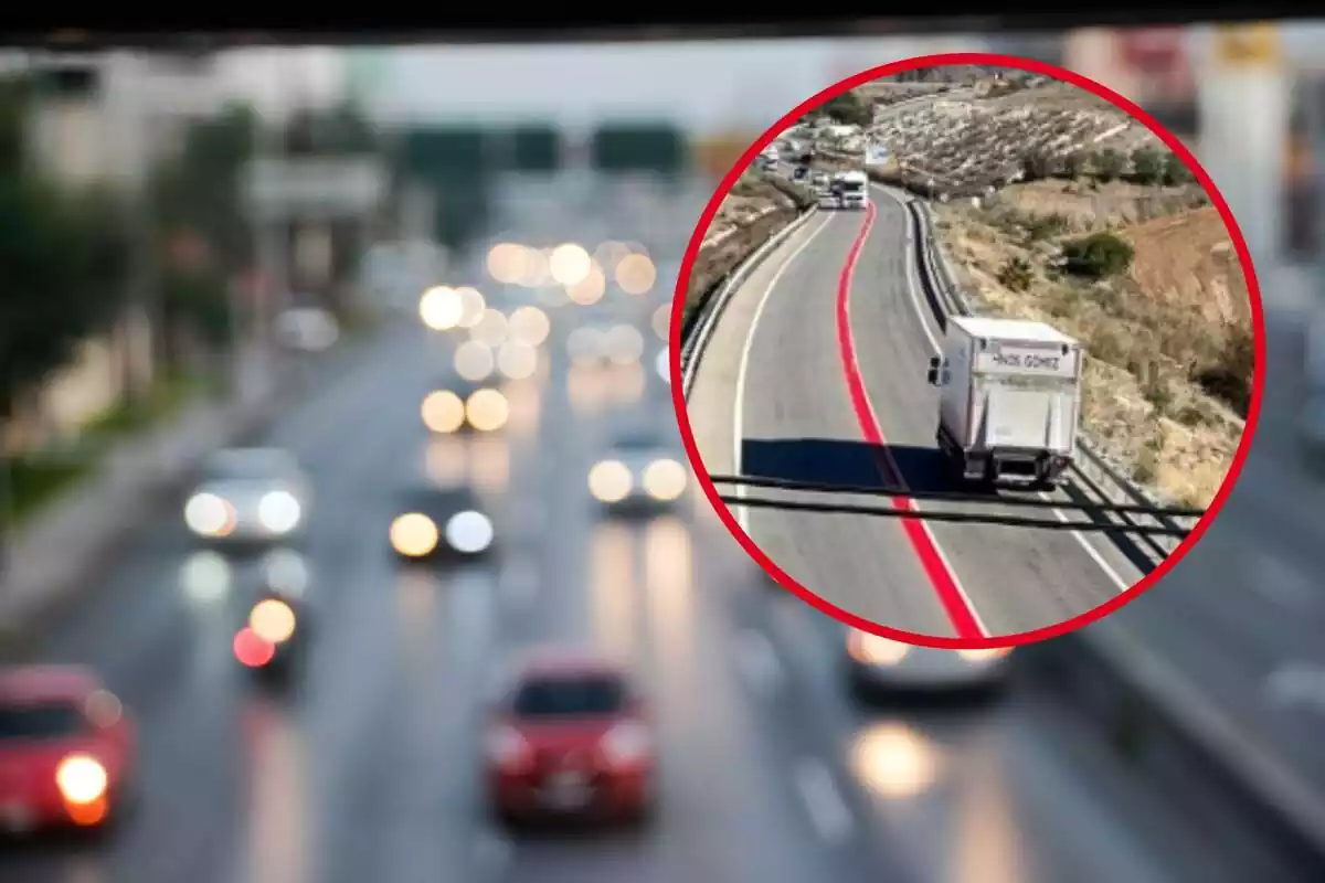 Una carretera al fons amb vehicles, i al cercle una via amb la línia vermella i un camió