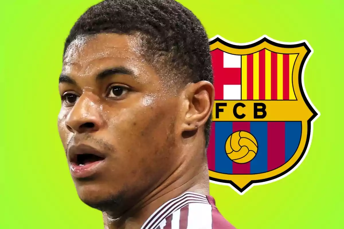 A player in a maroon jersey appears in the foreground with the FC Barcelona crest in the background against a bright green backdrop.