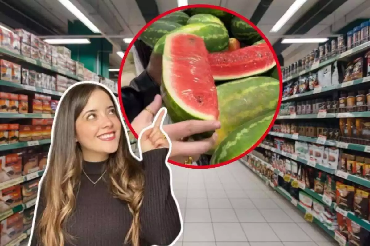 Imatge de fons d'un supermercat amb una altra imatge de Mariana Zapien, enginyera en aliments, i una altra imatge d'unes síndries