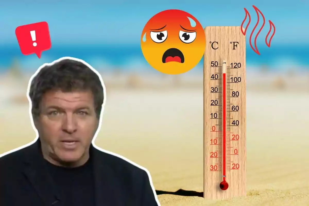 Un home amb expressió seriosa, un termòmetre de fusta mostrant temperatures altes en graus Celsius i Fahrenheit, un emoji de cara acalorada i una icona d'advertència en un fons de platja.