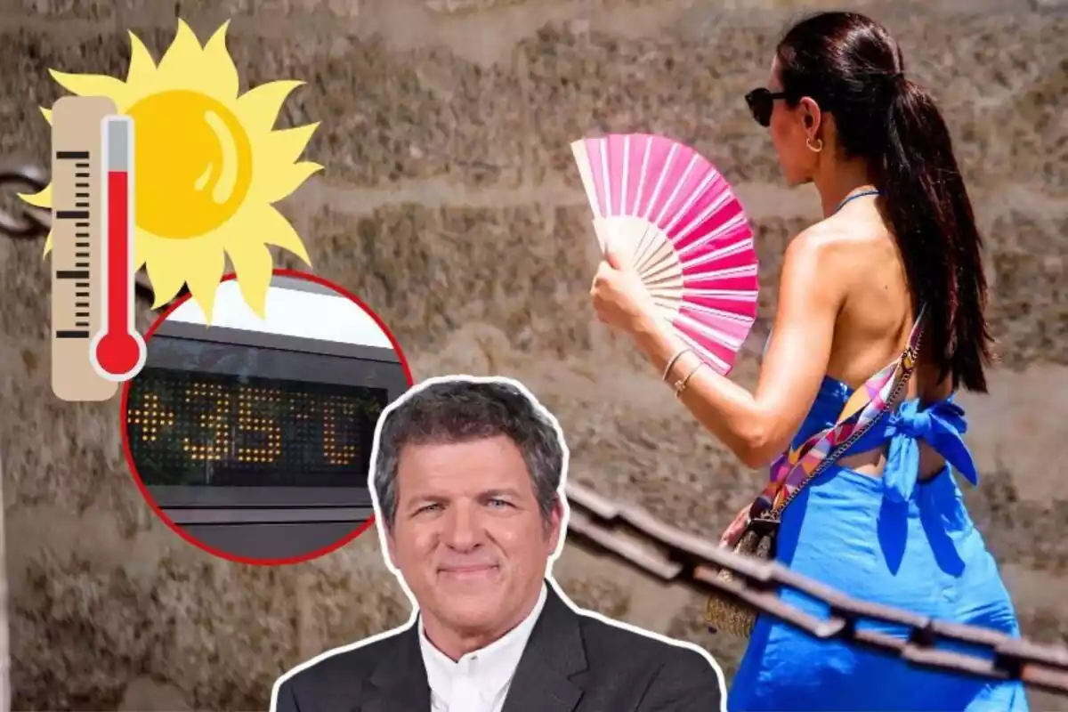 Imatge de fons d´una dona amb un ventall passejant per Sevilla, a més d´una imatge en primer pla de Mario Picazo i una altra d´un termòmetre al carrer que marca 35 graus, a més d´una emoticona d´un sol amb un termòmetre marcant calor